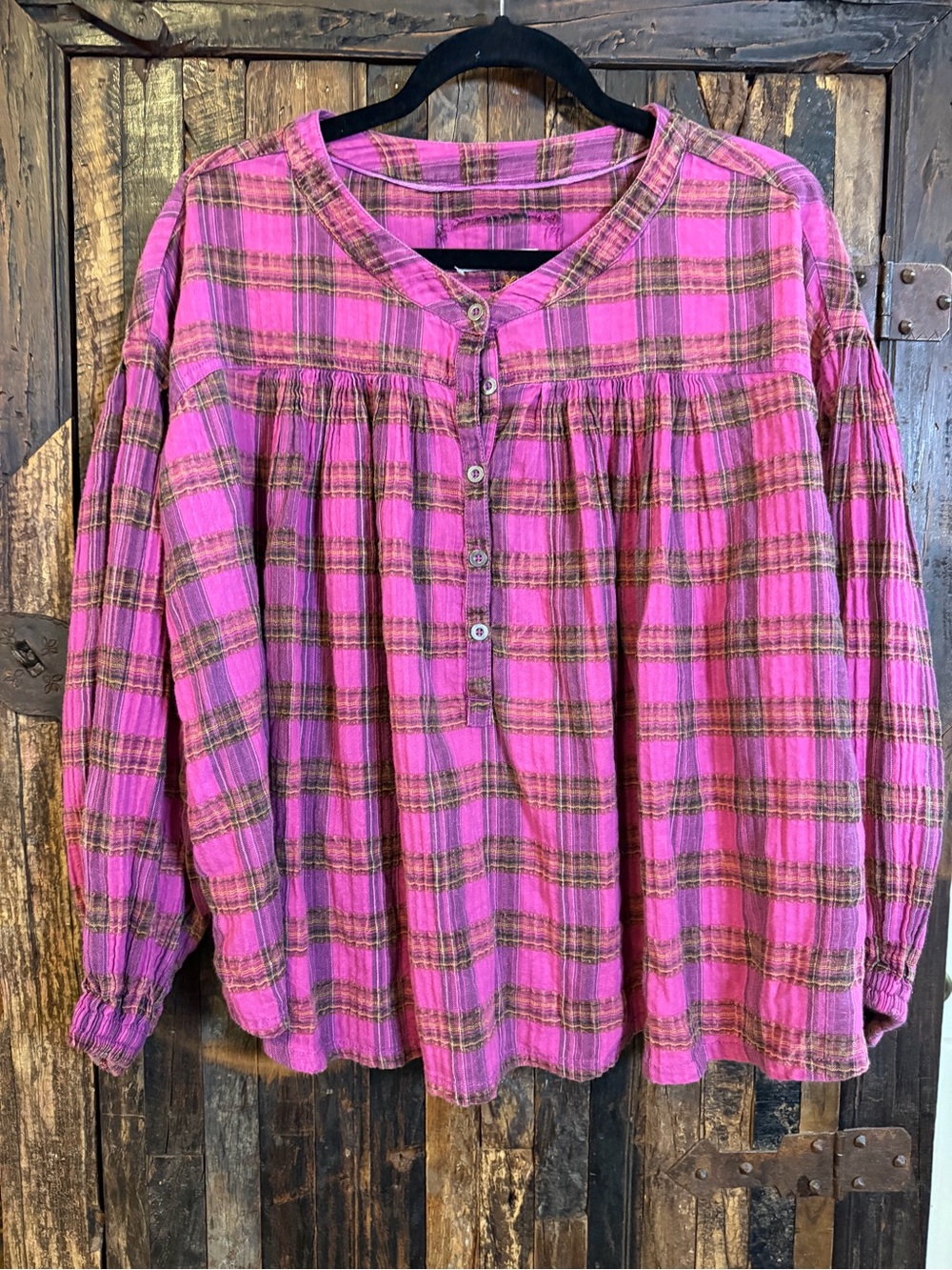 Free People We The Free Plaid Peasant Blouse M Pink Cotton Boho Oversized Top